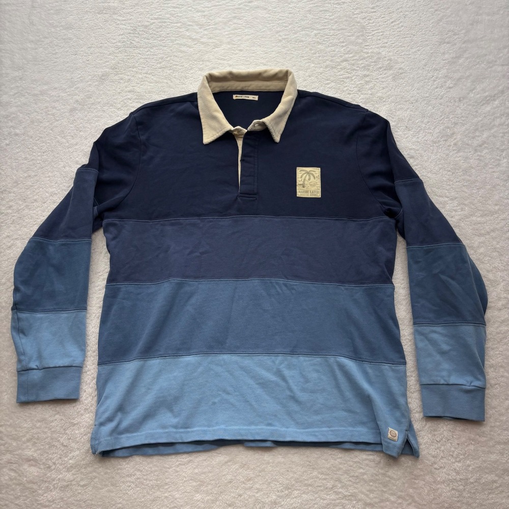 Marine Layer Mens Blue Colorblock Rugby Shirt Corduroy Collar Palm Tree Patch ML